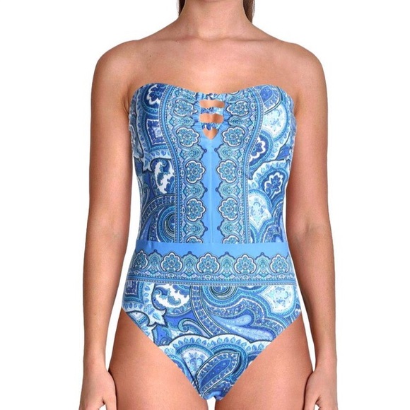 LAUREN RALPH LAUREN Paisley Bandeau one-piece swimsuit blue size 8 - Picture 1 of 9